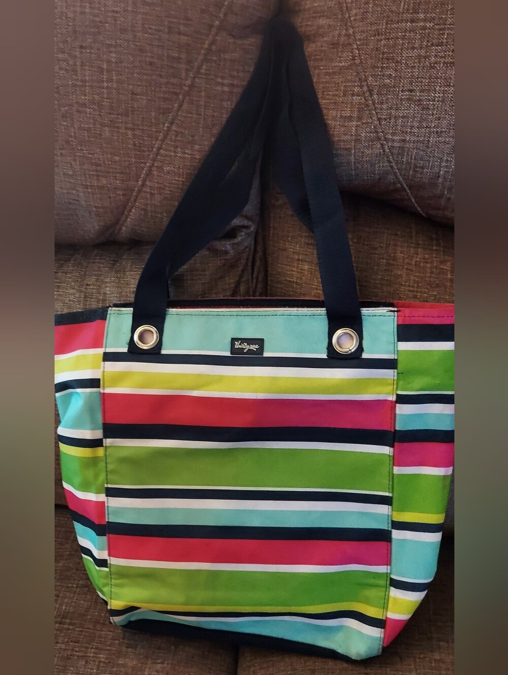 Thirty-one Bright Multi-Color Striped Medium Size Tote with Navy Handles